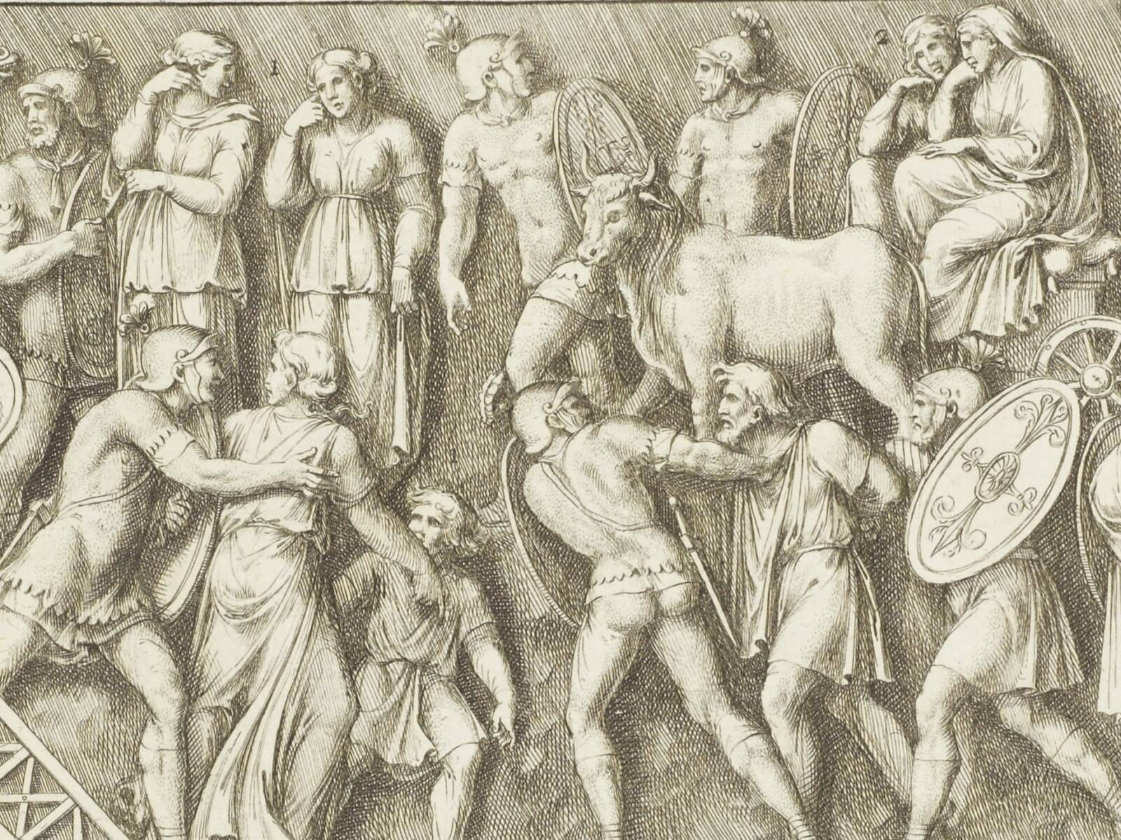 Roman soldiers and civilians in a 18th-century drawing from column of Marcus Aurelius (Bellori, Giovanni Pietro & Bartoli, Pietro Santi, 1704).