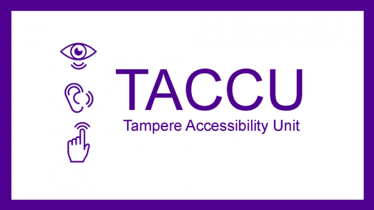 TACCU logo: Purple line drawings of an eye, an ear and a hand on a white background.