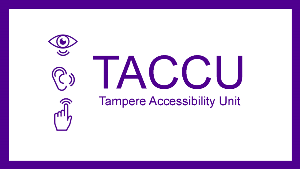 TACCU logo: Purple line drawings of an eye, an ear and a hand on a white background.