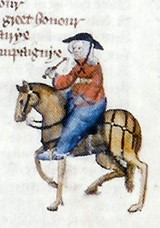Wife of Bath -hahmo kuvattuna Ellesmere Manuscript -käsikirjoituksessa 1400-luvun alusta. Kuva: Wikipedia.