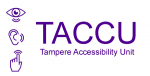 TACCU logo: Purple line drawings of an eye, an ear and a hand on a white background.
