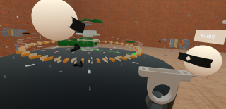 A view from the virtual environment with two users presented as white balls and VR glasses on.
