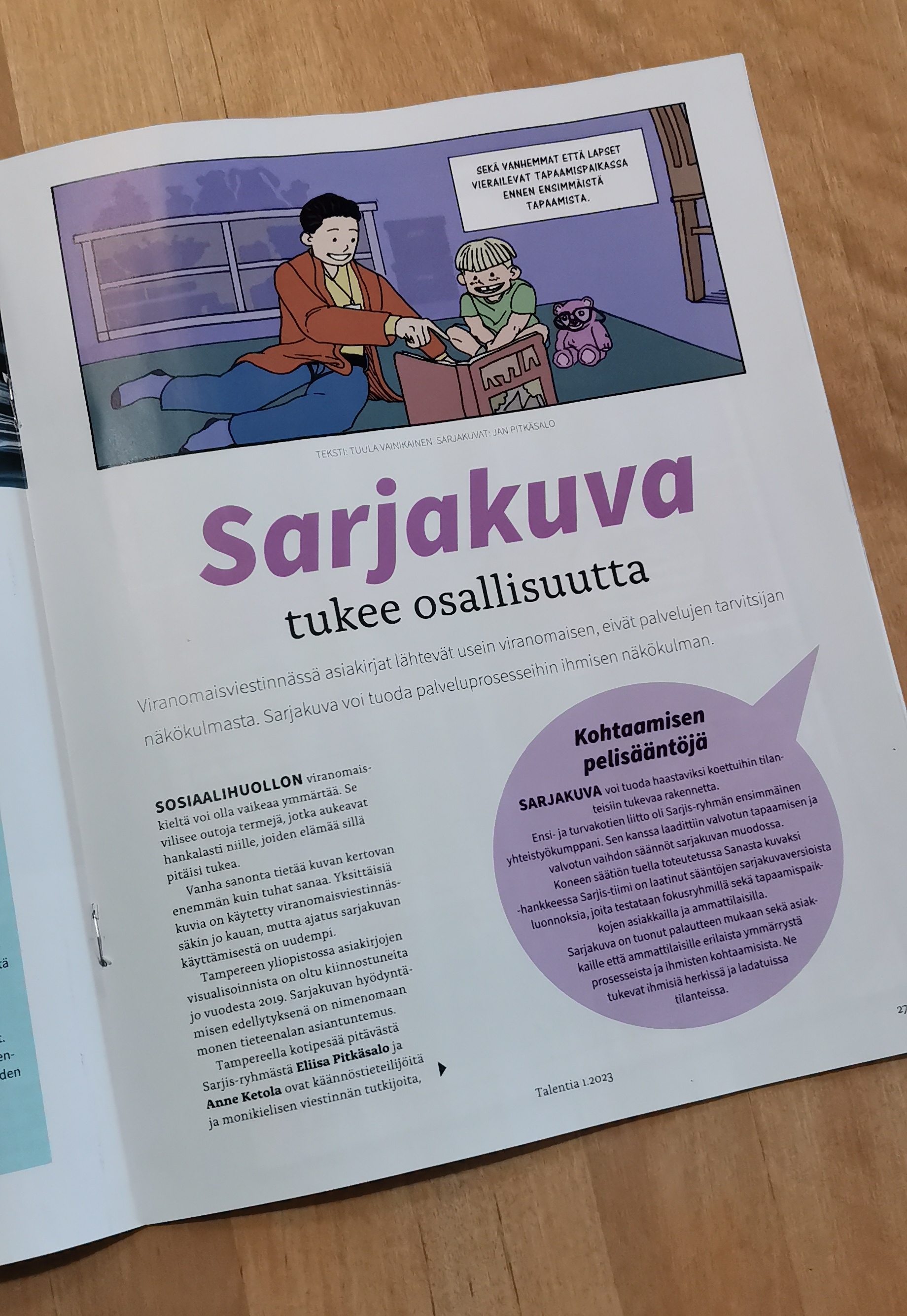 Valokuva aikakauslehden sivusta, jolla lukee otsikko "Sarjakuva tukee osallisuutta".