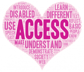 A World cloud of the relevant skills and words in the new master's program: Accessibility and Diversity in Digital Services. Most important themes visible are: access, understand, different, learn, demonstrate, use, disabled