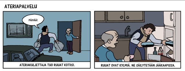 Kaksi sarjakuvaruutua, joissa ateriapalvelun kuljettaja tuo iäkkäälle mieshenkilölle aterioita kotiin. 