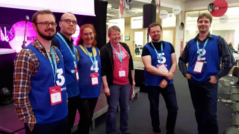 Picture taken from Techbites with six people. From left to right: Joonas Säe, Toni Levanen, Simona Lohan, Leena Köppä, Evgeny Kucheryavy, Sergey Andreev