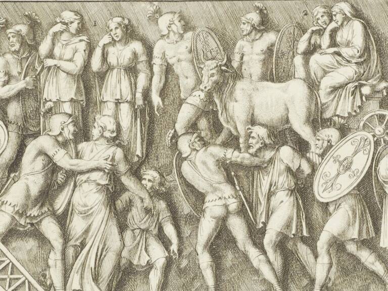 Roman soldiers and civilians in a 18th-century drawing from column of Marcus Aurelius (Bellori, Giovanni Pietro & Bartoli, Pietro Santi, 1704).