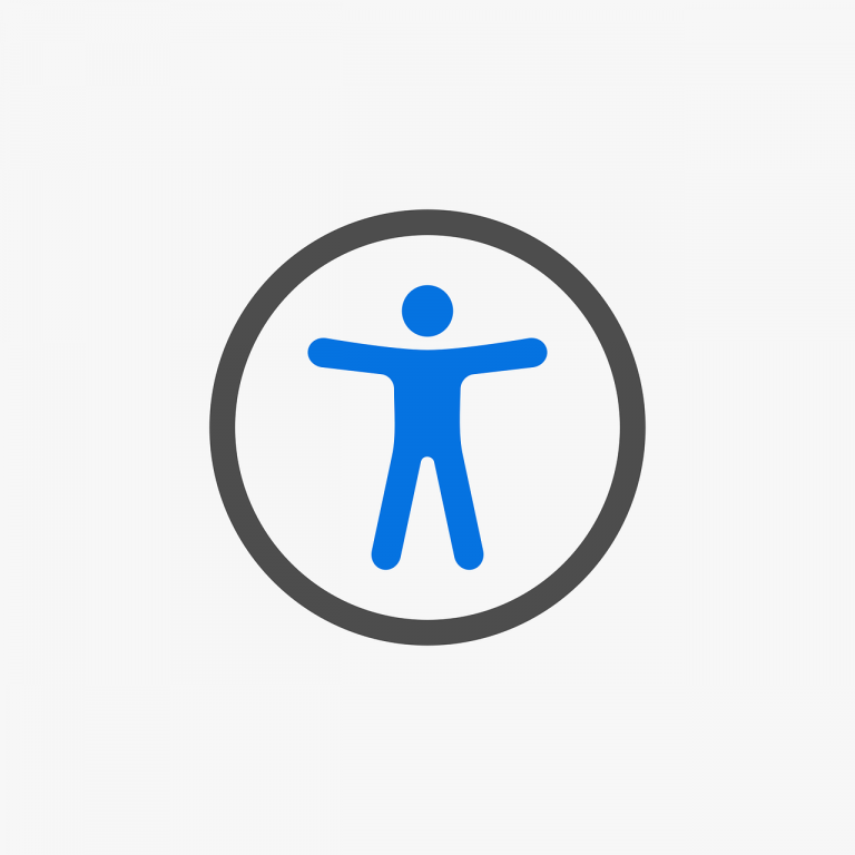 Accessibility logo in which a blue person in an x position is surrounded by a black circle.