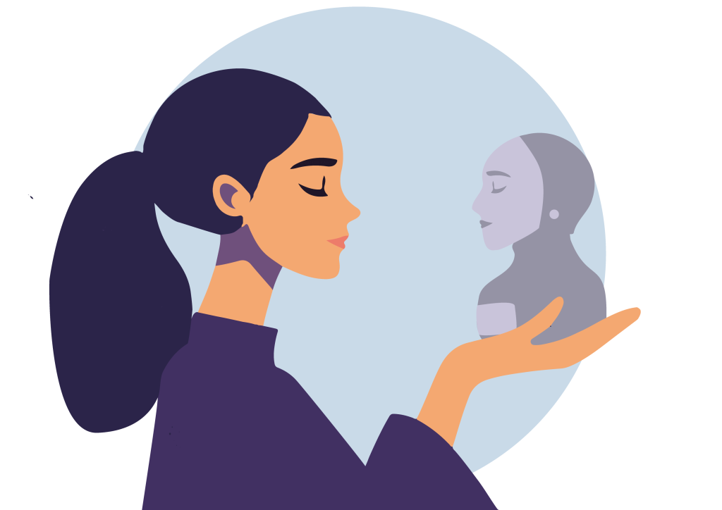 Illustration depicting a human and a robot engaging in eye contact, symbolizing human–robot interaction and human-centered AI research. IHTE specializes in human–technology interaction, AI design, social robotics in education, sustainable technology, and youth participation platforms.