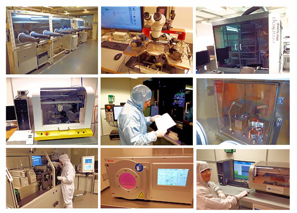 Photo collage of different laboratory equipment in LFE's laboratory and people using them