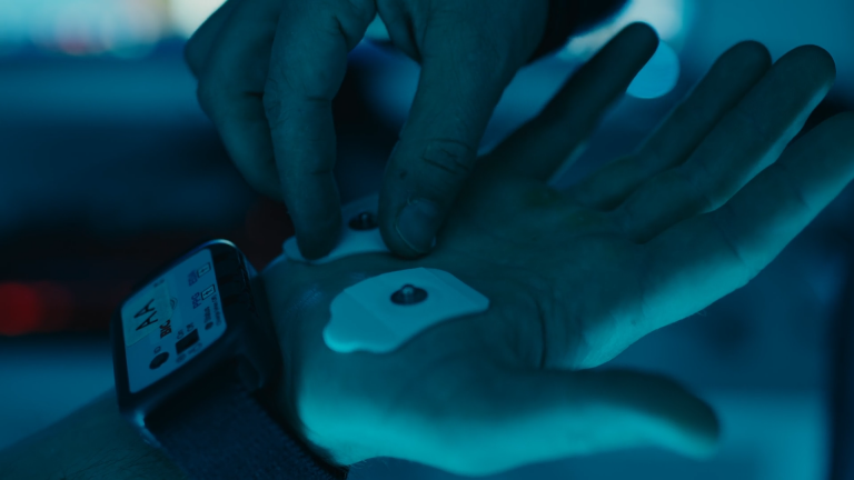 Measurement sensors attached to a hand.