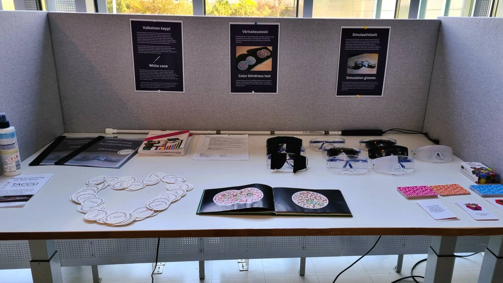 The observing accessibility table including simulation glasses, a color-blindness book, a white cane, Open Minds cards, and various guidebooks.