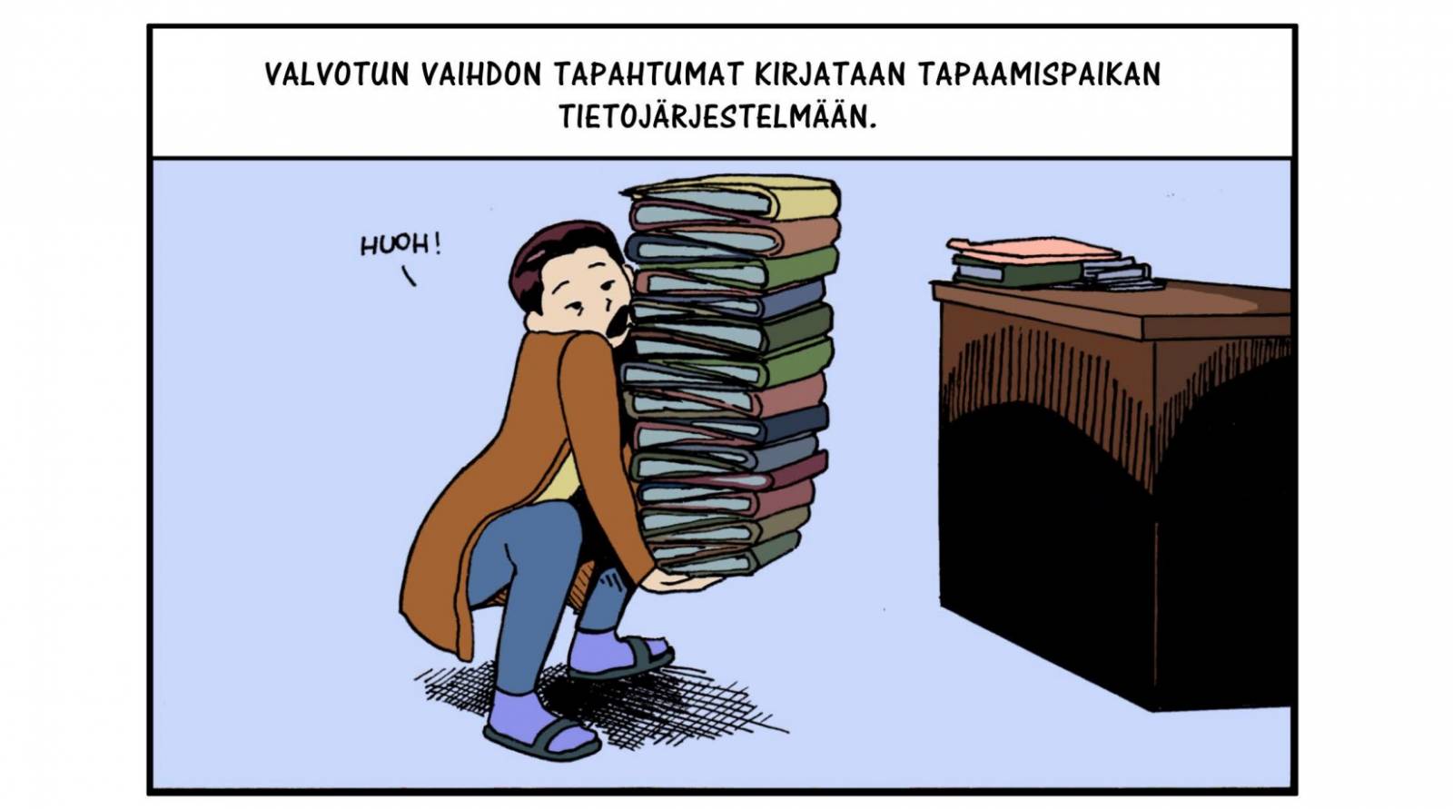 Piirroskuva ihmishahmosta pitelemässä metrin korkuista kansiopinoa