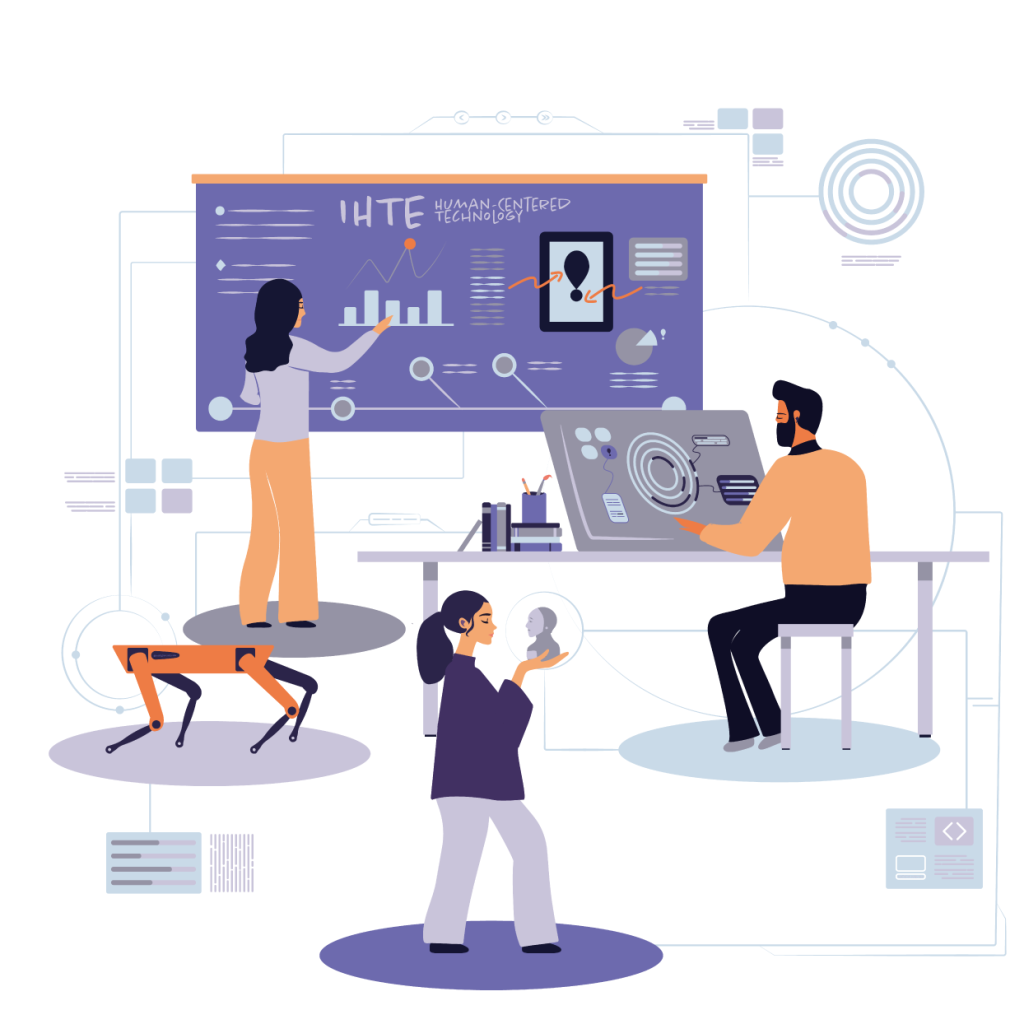Illustration of the IHTE Human-Centered Technology Research Group at Tampere University, focusing on robotics, human-AI interaction, design research, and user-centered design.