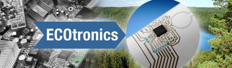 Ecotronics text inside an arrow pointing towards electric circuit