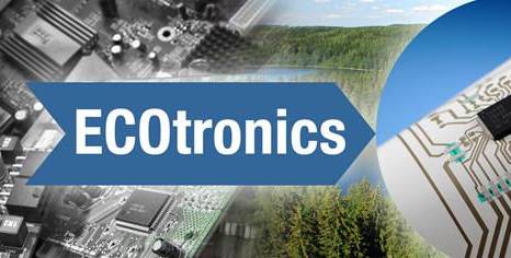 Ecotronics text inside an arrow pointing towards electric circuit