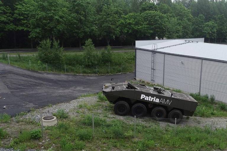 Aerial photo of Patria's AMV at Hervanta campus autonomous vehicle testing area.