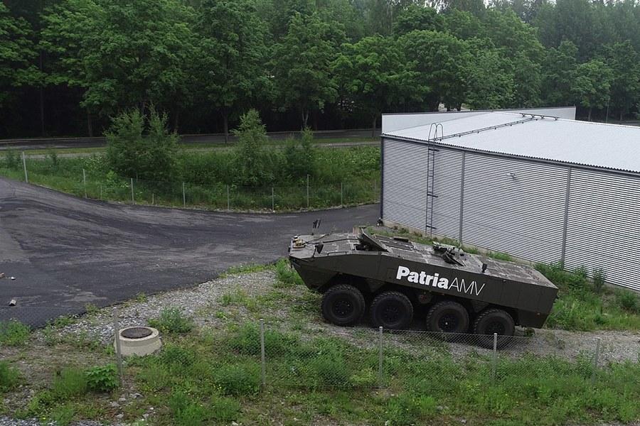 Aerial photo of Patria's AMV at Hervanta campus autonomous vehicle testing area.