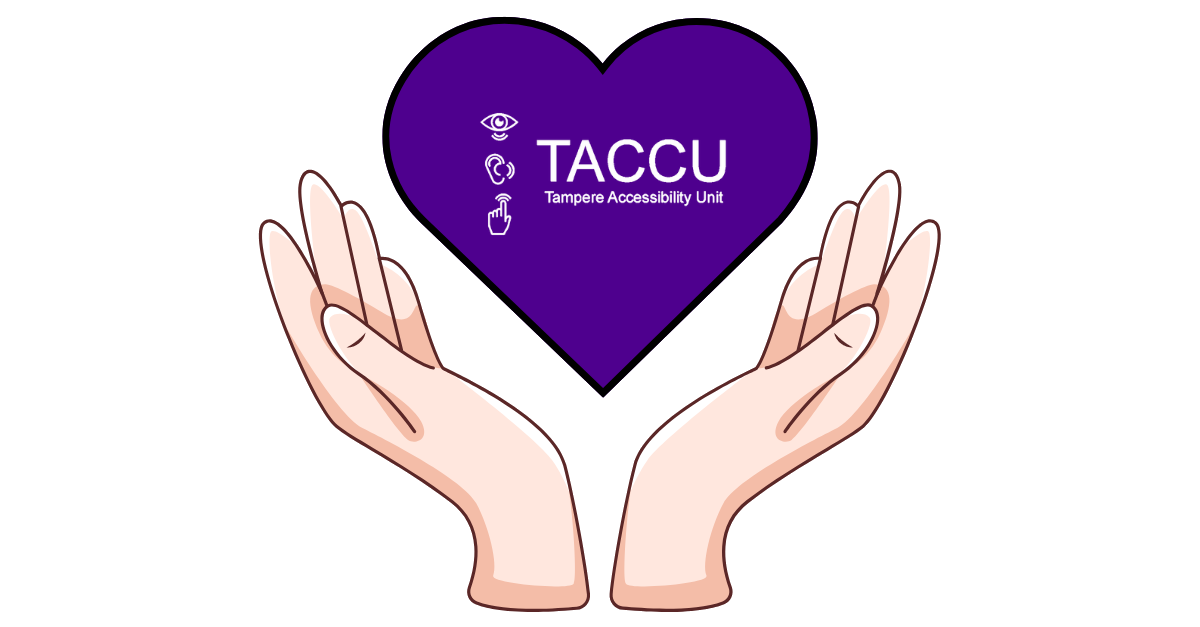 Cartoony hands hold a floating cartoon hearth that has TACCU’s logo inside it.