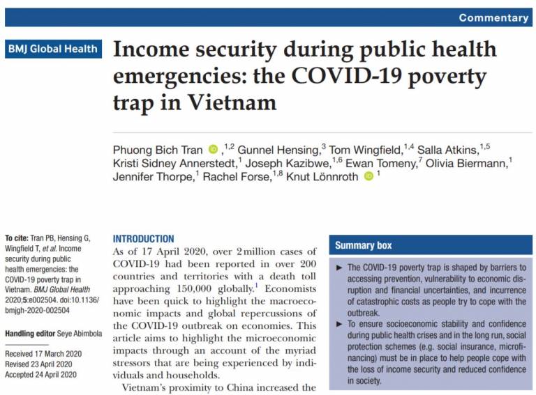Download PDFPDF Commentary Income security during public health emergencies: the COVID-19 poverty trap in Vietnam