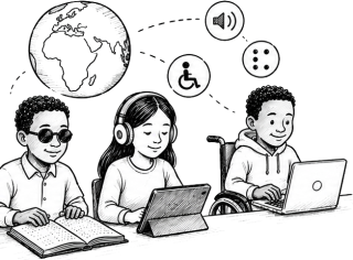 Three learners are using assistive technologies. One learner reads Braille with dark glasses, another uses headphones and a tablet, and a third learner in a wheelchair works on a laptop. Floating accessibility symbols include audio, Braille dots, and wheelchair access, connected with dotted lines around a globe symbolizing global inclusive education.