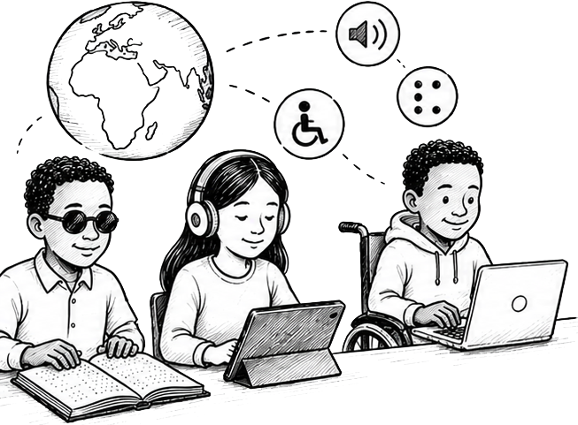 Three learners are using assistive technologies. One learner reads Braille with dark glasses, another uses headphones and a tablet, and a third learner in a wheelchair works on a laptop. Floating accessibility symbols include audio, Braille dots, and wheelchair access, connected with dotted lines around a globe symbolizing global inclusive education.