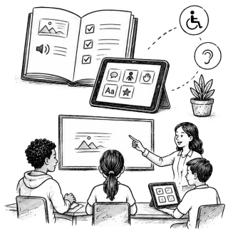 An open, accessible book and a tablet with inclusive interface symbols appear above a classroom where a teacher presents to students using digital tools. Accessibility icons for hearing and mobility support float nearby, emphasizing inclusive and accessible learning environments.