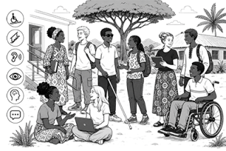 A diverse group of learners and educators. The group includes a wheelchair user, a person using a white cane, and people collaborating with laptops and tablets. On the left side, accessibility symbols represent mobility access, hearing, vision, cognitive accessibility, and communication. The scene includes accessible ramps and school buildings.