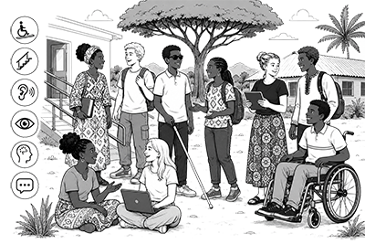 A diverse group of learners and educators. The group includes a wheelchair user, a person using a white cane, and people collaborating with laptops and tablets. On the left side, accessibility symbols represent mobility access, hearing, vision, cognitive accessibility, and communication. The scene includes accessible ramps and school buildings.
