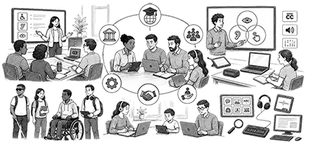Multiple scenes depict teachers, students, and support staff collaborating in accessible learning environments.