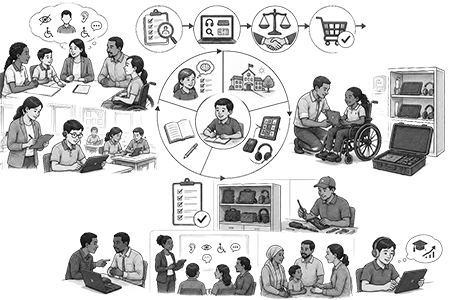 Picture showing inclusive procurement and selection of assistive technologies in education, including collaboration between learners, teachers, families, technicians, and schools.