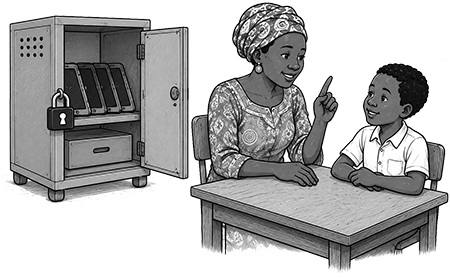 The teacher explains digital safety and accessibility practices to a child seated at a desk, while a secure storage locker containing tablets and assistive devices stands nearby.