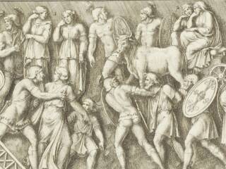 Roman soldiers and civilians in a 18th-century drawing from column of Marcus Aurelius (Bellori, Giovanni Pietro & Bartoli, Pietro Santi, 1704).