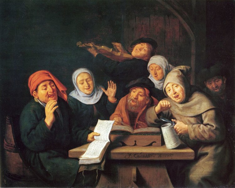 Early modern company drinking and singing around a table