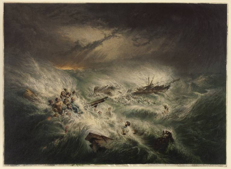 A painting of a sinking ship and people in the storming sea