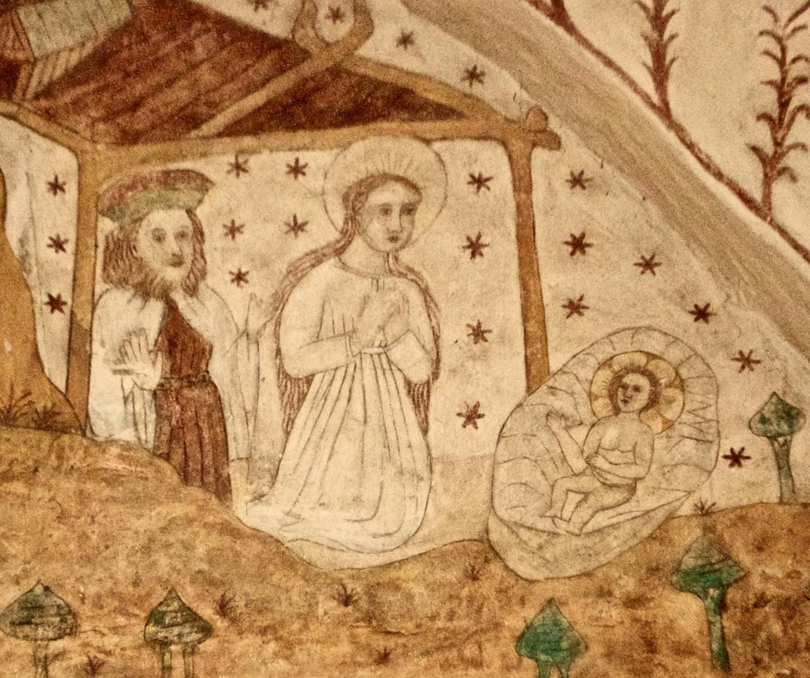 Ruskeasävyinen keskiaikainen kalkkimaalaus Mariasta, Joosefista ja seimessä makaavasta Jeesus-lapsesta.