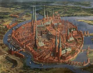 Maalaus vanhasta Lyypekistä ylhäältä päin kuvattuna.