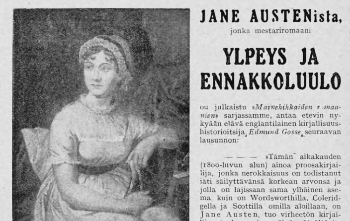Kotiliesi-lehden sivu, jossa mustavalkoinen kuva Jane Austenista ja artikkelin teksti.