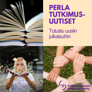 Kuvassa lukee Perla tutkimusuutiset, tutustu uusiin julkaisuihin. Lisäksi siinä on kolme kuvaa joista yhdessä on kijoja auki, toisessa tyttö puhaltaa konfettia kirjan päältä ja kolmannessa on käsiä ympyrässä pitämässä toisiaan ranteista.