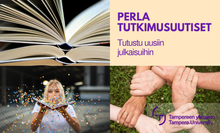 Kuvassa lukee Perla tutkimusuutiset, tutustu uusiin julkaisuihin. Lisäksi siinä on kolme kuvaa joista yhdessä on kijoja auki, toisessa tyttö puhaltaa konfettia kirjan päältä ja kolmannessa on käsiä ympyrässä pitämässä toisiaan ranteista.