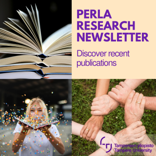 The image displays the text ‘Perla Research News, explore new publications.’ It also includes three pictures: one showing open books, another with a girl blowing confetti off a book, and a third depicting hands arranged in a circle, holding each other by the wrists.