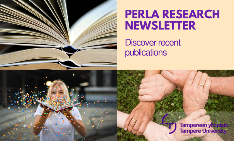 The image displays the text ‘Perla Research Newsletter, explore new publications.’ It also includes three pictures: one showing open books, another with a girl blowing confetti off a book, and a third depicting hands arranged in a circle, holding each other by the wrists.