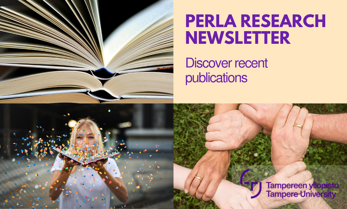 The image displays the text ‘Perla Research Newsletter, explore new publications.’ It also includes three pictures: one showing open books, another with a girl blowing confetti off a book, and a third depicting hands arranged in a circle, holding each other by the wrists.