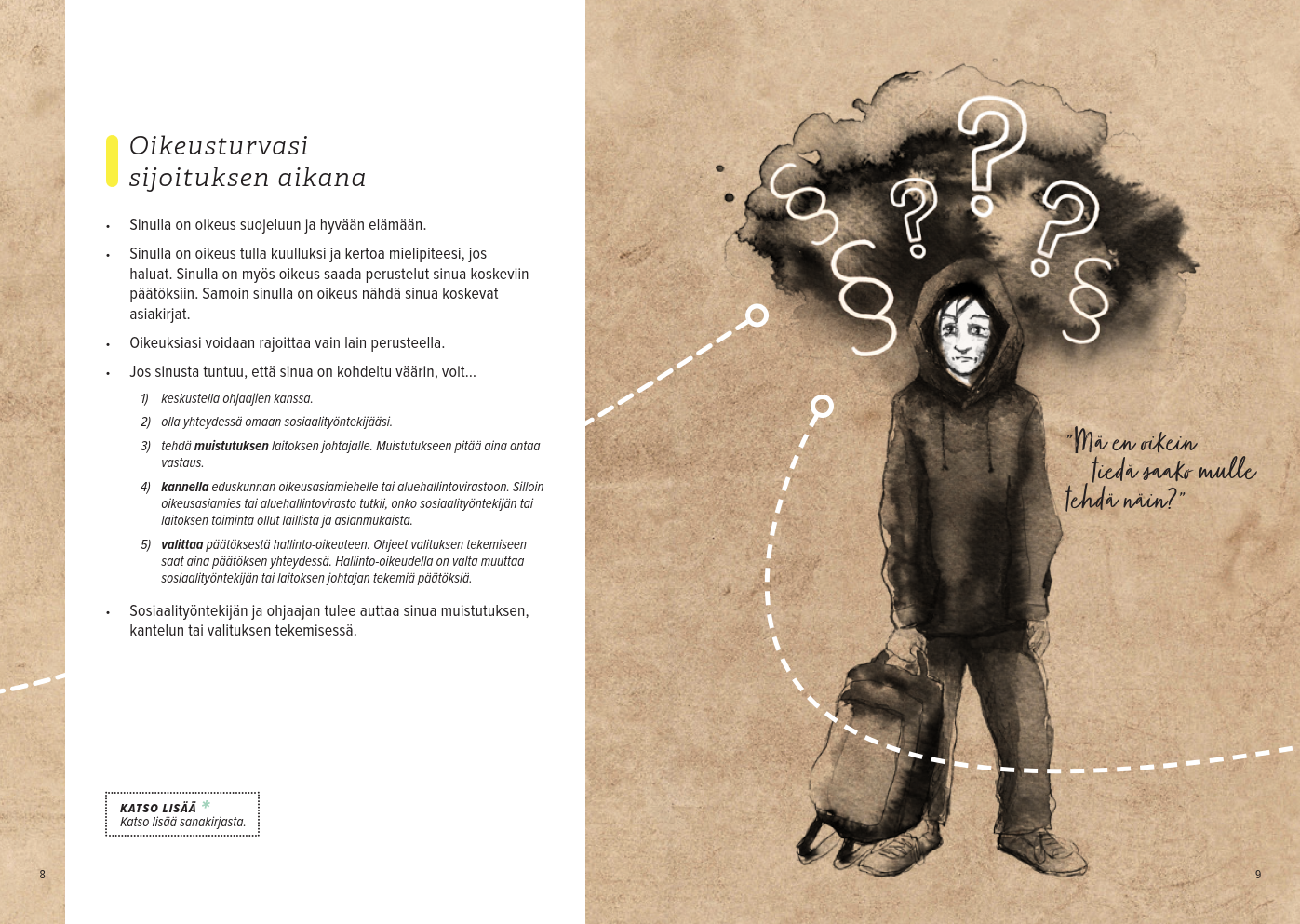 Sivu Matkakirjasta. Tekstin otsikko on "Oikeusturvasi sijoituksen aikana". Tummasävyisessä kuvassa on nuori huppupäässä. Hänen päänsä päällä on synkkiä pilviä. Hän miettii: "Mä en oikein tiedä saako mulle tehdä näin?" A page from the Travel Book. The text is titled "Your legal protecion during emergency care". A dark-shaded drawing depicts a young, hooded person. There are darks clouds over their head and they're thinking, "I'm not sure if it's allowed to do this to me?"