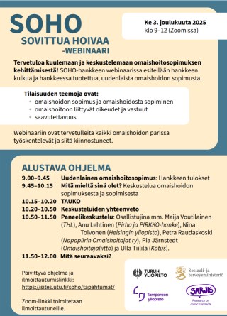 Webinaarin mainosjuliste, jossa on tapahtuman tiedot. Ne on kerrottu julkaisun tekstissä. Lisäksi julisteen oikeassa alakulmassa on neljä logoa: Turun yliopisto, Sosiaali- ja terveysministeriö, Tampereen yliopisto ja Sarjis.