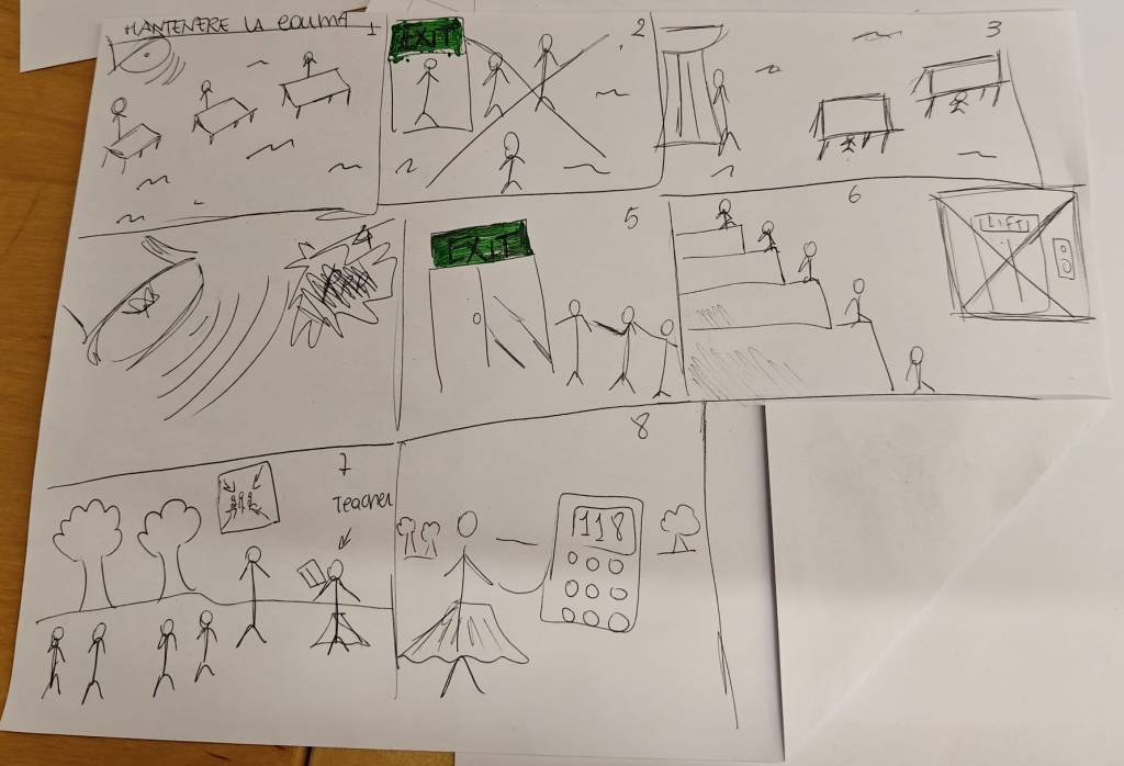 Opiskelijoiden tekemä sarjakuva 2. Hahmot ovat tikku-ukkoja. EXIT-kyltit on väritetty vihreiksi.