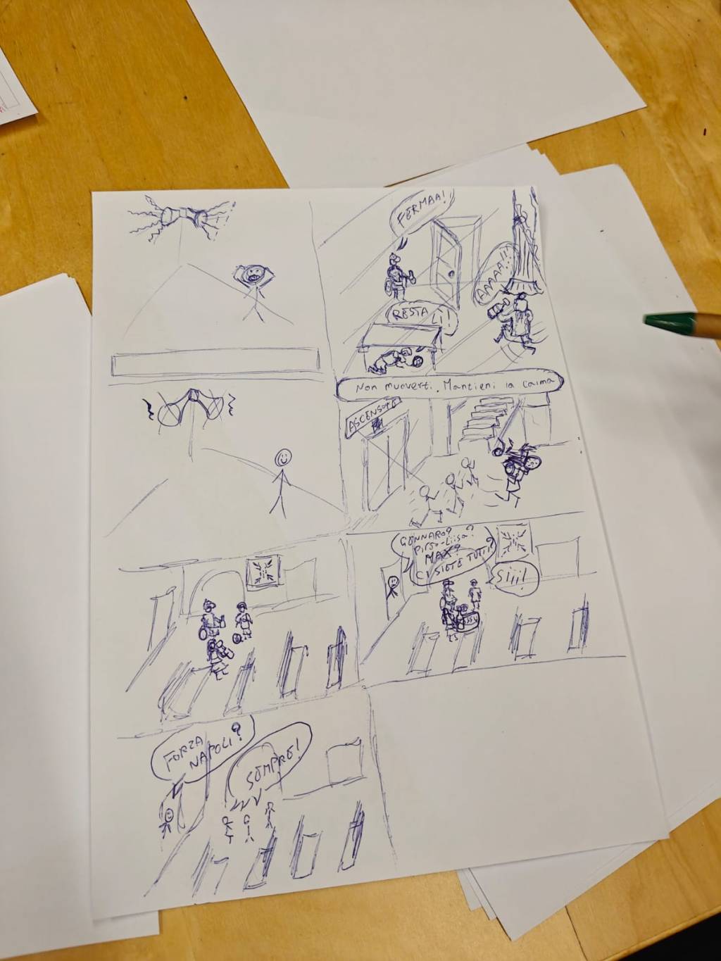 Opiskelijoiden tekemä sarjakuva 4. Mustekynällä piirretyssä sarjakuvassa on seitsemän ruutua ja puhekuplia.