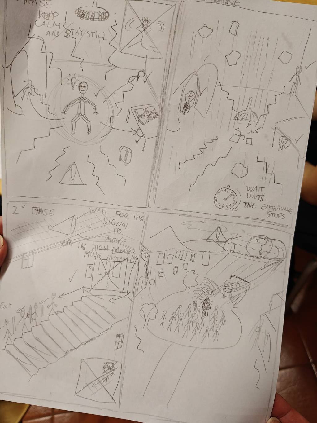 Opiskelijoiden tekemä sarjakuva 3. Se koostuu neljästä isosta ruudusta, joissa kuvataan tapahtumia kaukaa yläviistosta. Ääniä ja tärinää on kuvattu aaltoilevilla viivoilla.