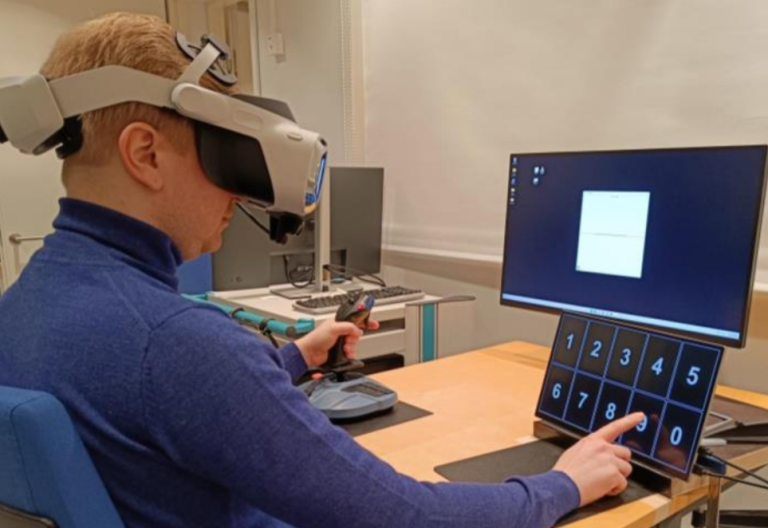 User with a table and VR glasses