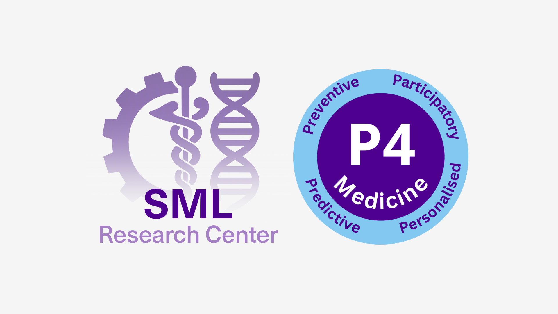 Two logos side by side. On the left, the SML Research Center logo features a purple gear, a medical staff with a snake, and a DNA double helix above the text “SML Research Center.” On the right, a circular P4 Medicine logo with a purple center and blue outer ring displays the text “Preventive, Participatory, Predictive, Personalised” around the edge.